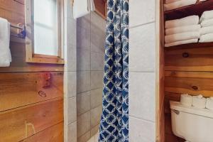 a bathroom with a toilet and a shower curtain at Bigfoot Lodge in Angel Fire +17 photos