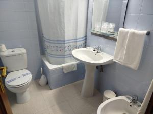 a blue bathroom with a toilet and a sink at Hotel Camiño de Santiago in Val do Dubra