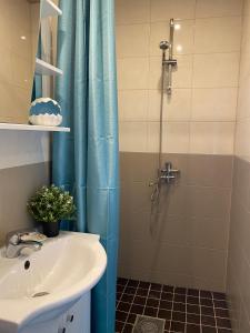 a bathroom with a sink and a shower with a blue shower curtain at Lydia Home in Tehumardi