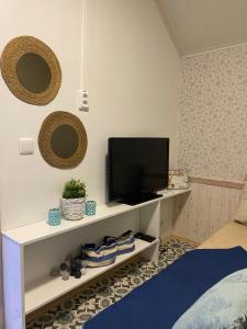 a room with a tv on a shelf with a bed at Lydia Home in Tehumardi
