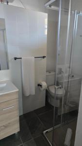 a bathroom with a toilet and a glass shower at Los Frailes 28 in Fátaga +47 photos