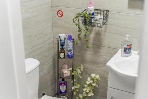 een badkamer met toilet en wastafel bij 15 Stylish Digbeth private Studio Apt City Centre in Birmingham +31 foto's