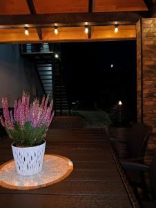 a vase with purple flowers sitting on a table at Noclegi SKORUSINKA in Witów