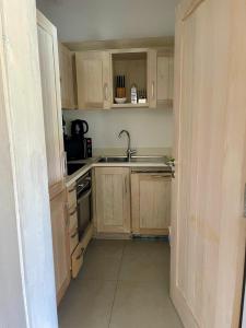 a small kitchen with wooden cabinets and a sink at Apartments PETIT DOMAIN DE SPERONE in Bonifacio