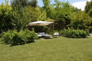 a table and chairs under an umbrella in a yard at La Masia in Chacras de Coria