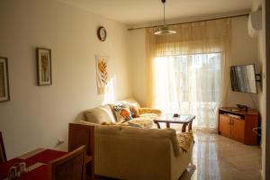 a living room with a couch and a window at Mediterranean Apartments 2 in Paphos