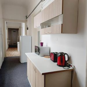 a kitchen with a counter with a microwave and a refrigerator at Just 3 min Walk Old Town Center private room A in Prague