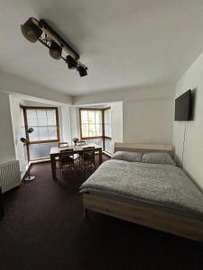 a bedroom with a bed and a table in it at Apartmán K LANOVCE 10 in Jáchymov