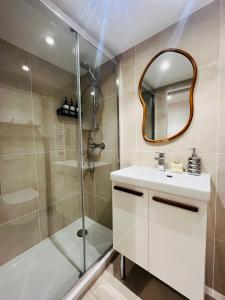 une salle de bain avec une douche, un lavabo et un miroir dans l'établissement Studio 4 couchage Vieux-Nice, à Nice