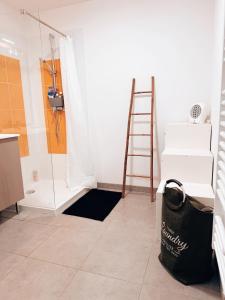 a bathroom with a shower and a black bag on the floor at L'Occitan T2 à 10 minutes du cœur de Toulouse Parking privé et Métro in Toulouse