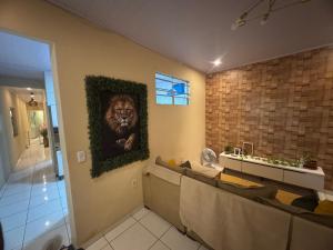 a living room with a lion picture on the wall at Quarto em AP compartilhado Ponta da areia in São Luís +14 photos