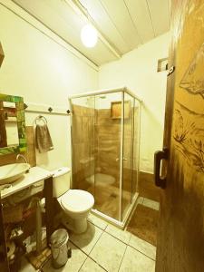 a bathroom with a shower and a toilet and a sink at Casa de Mirtes in Fernando de Noronha