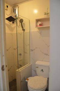 a bathroom with a toilet and a shower at Good Shepherd Apartelle in Urdaneta