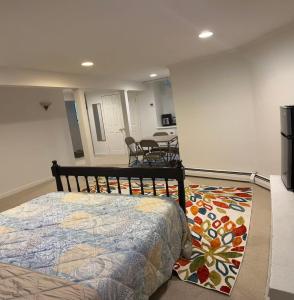 a bedroom with a bed and a table and a rug at basement Two queen beds with private bathroom in Lexington in Lexington
