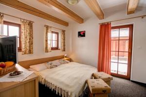 a bedroom with a bed and a tv and a window at Hotel Koliba Greta in Žiar