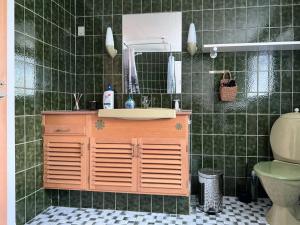 a green tiled bathroom with a sink and a toilet at Lovely 5-bedroom House With Cozy Interiors in Trongisvágur +14 photos