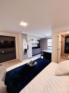 a hotel room with a large bed and a television at Loft pertinho da Vila Germânica com excelente localização in Blumenau