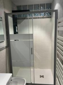 ヴェローナにあるApartHotel Verona Centro - Teatro Filarmonicoのバスルーム(ガラス張りのシャワードア、トイレ付)