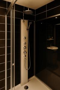 a shower in a bathroom with black walls at Le Vosgien - Hyper center - Calme - Wifi - Spacieux in Épinal