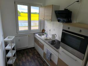 a small kitchen with a sink and a window at Möbliert Wohnen in Weickelsdorf in Bahnhof Weickelsdorf +3 photos