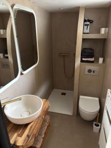 a bathroom with a white sink and a toilet at Jolie Maison Proche Tous Commerces in Agneaux