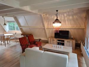 a living room with a couch and a tv at Bosrijk gelegen vakantiehuis met optimale privacy! in Lanaken