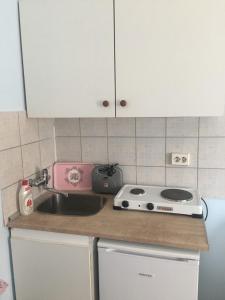 a kitchen counter with a sink and a stove at Tzakis Studios Lassi in Argostoli