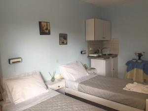 a bedroom with two beds and a small kitchen at Tzakis Studios Lassi in Argostoli