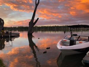 a boat sitting in the water with a tree at Bundalong Bliss in Bundalong +6 photos