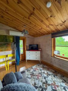 a living room with a couch and a tv at Goldingen Stone Retreat - Hot Tub and Nature in Kuldīga