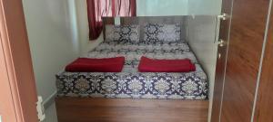 a small bedroom with two beds with red pillows at Bhagini Residency Rooms in Bangalore