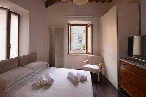 Una sala de estar con una cama, un sofá y un televisor. en La casa di Annetta, en Montalcino