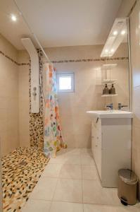 a bathroom with a shower and a sink at Les volets bleus & les p'tits cailloux in Brévonnes +13 photos