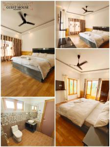 three pictures of a bedroom with two beds and a ceiling fan at Royal Nangso Guest House in Leh