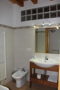 a bathroom with a sink and a toilet and a mirror at Casa Rural El Alfar in Tajueco +21 photos