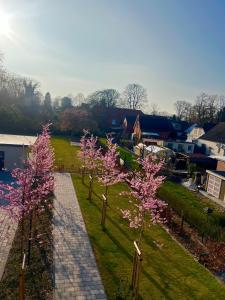 a group of trees with pink flowers in a yard at Ferienwohnung Rheiderland in Weener