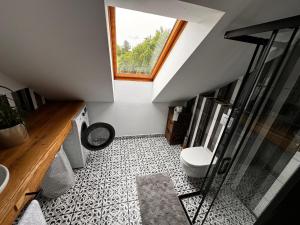 a bathroom with a toilet and a window at Miejski Las 8 in Mrągowo