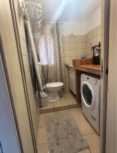 a bathroom with a toilet and a washing machine at la maison de agata in Catania +1 photo