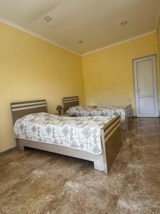 two beds in a room with yellow walls at Gayane & Khikar B&B in Chʼiva