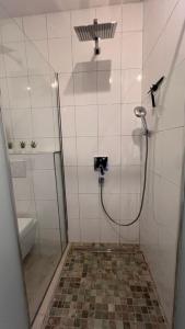 un bagno con doccia, lavandino e WC di Villa Mediterrane - Apartment Milan a Frankenthal