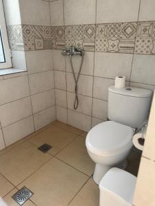 a bathroom with a toilet and a shower at Qirjako's Rooms in Himare +21 photos