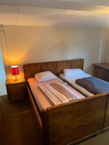 a bedroom with two twin beds and a lamp at Spacious Local Lounge Apartment in Kelkheim +45 photos