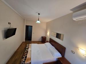 a bedroom with a bed and a flat screen tv at Hotel Belvedere in Pogradec +37 photos