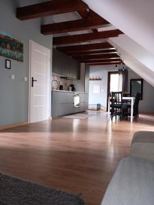salon ze stołem i kuchnią w obiekcie Mazurska Apartamenty w Rydzewie +18 zdjęć