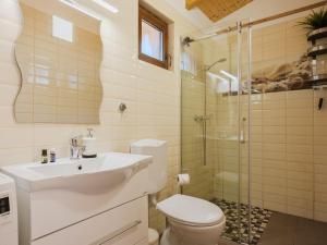 a bathroom with a toilet and a sink and a shower at Holiday Home Hullám by Interhome in Balatonmáriafürdő +26 photos