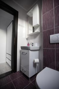 a bathroom with a white toilet and a sink at Apartmani Trio in Trebinje