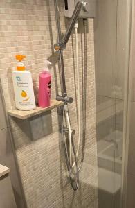 a shower with a glass door and a bottle of soap at Great facilities n River view n Local in Ban Sai Ma