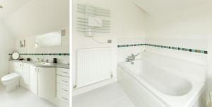 a white bathroom with a tub and a sink at 5 The Sanctuary, Thorpeness - Aldeburgh Coastal Cottages in Thorpeness +13 photos