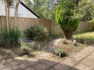 a garden with a tree and a fence at Home Away Luxury Living - Horley in Horley