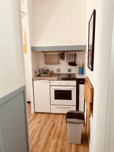 una pequeña cocina con electrodomésticos blancos y un cubo de basura en 11 Rue de Richelieu, en Cauterets 20 fotos más